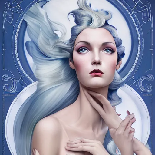 Image similar to an art nouveau, ( streamline moderne ), multi - racial portrait in the style of anna dittmann and charlie bowater and loish. very large, clear, expressive, and intelligent eyes. symmetrical, centered, ultrasharp focus, dramatic lighting, photorealistic digital matte painting, intricate ultra detailed background.