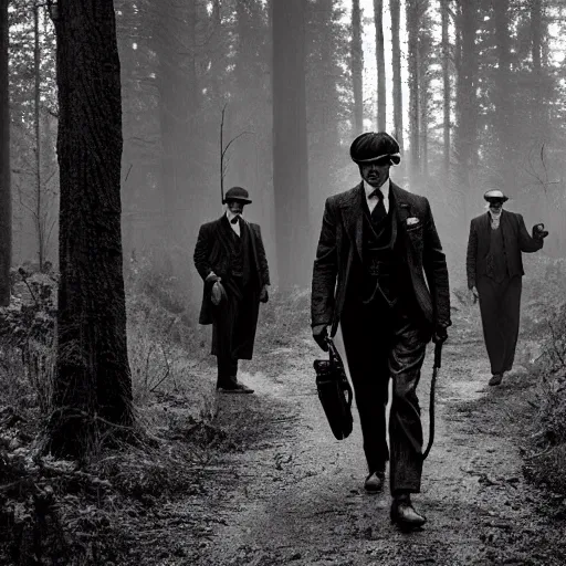 Prompt: a scene from peaky blinders, medium shot, tom hardy hiding in the woods, sharp eyes, serious expressions, detailed and symmetric faces, black and white, epic photo, action cover by talented photographer ansel adams