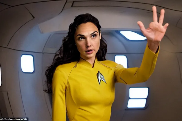 Image similar to Gal Gadot, wearing a yellow uniform, is the captain of the starship Enterprise in the new Star Trek movie