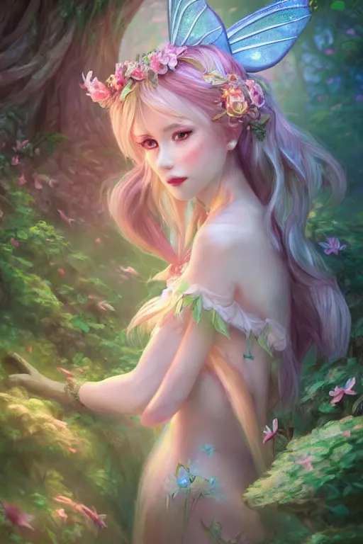 Image similar to a cute fairy in the dreamy forest, fantasy, 8 k resolution, hyper detailed, d & d, character design, digital painting, trending on artstation, sharp focus, illustration, art by artgerm, steve zheng, fuji choko, viktoria gavrilenko, hoang lap