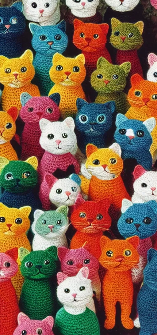 Prompt: multicolored crocheted cats, 1 9 7 0 s catalogue photo,