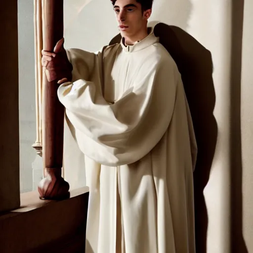 Prompt: attractive kai havertz wearing priest outfit holding large detailed ivory candlestick. natural lighting by ruan jia, portrait