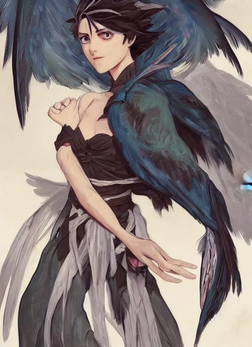 Image similar to concept art painting of a harpy with black feathers, androgynous, pirate clothes, detailed, realistic, cel shaded, in the style of makoto shinkai and james gurney and alphonse mucha and greg rutkowski and artgerm