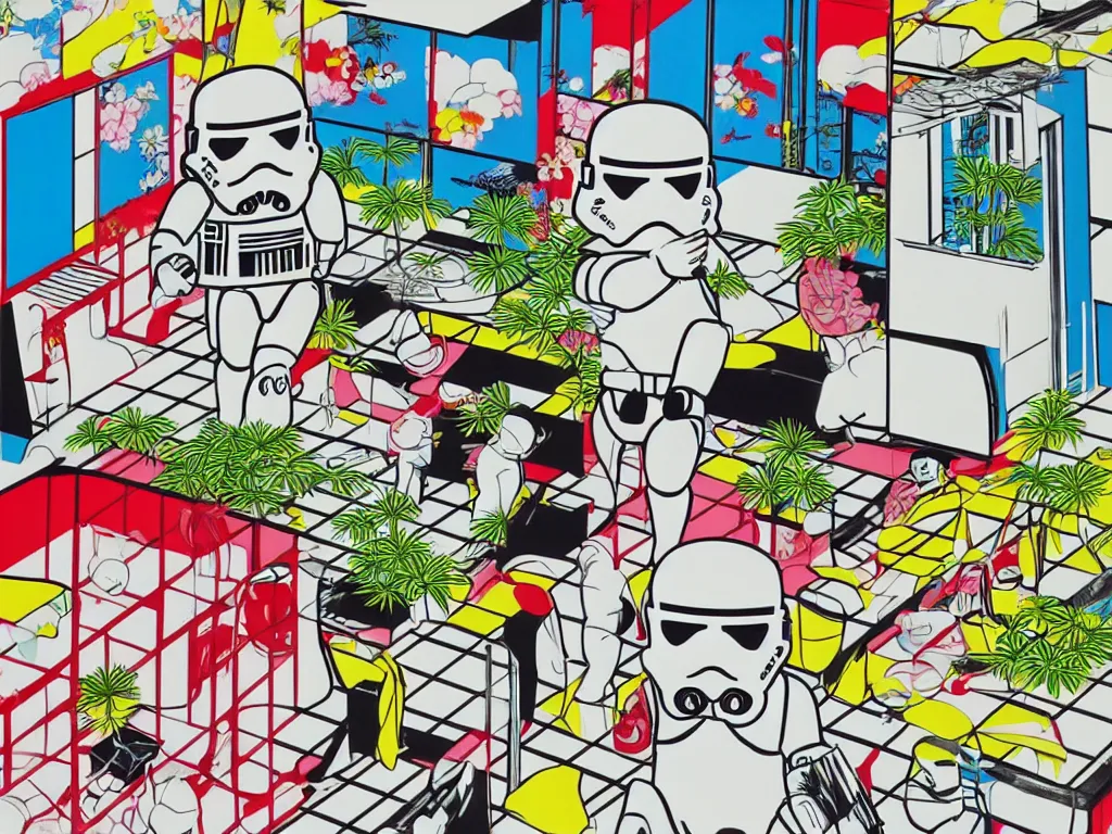 Image similar to hyperrealistic composition of the japanese home with a garden, stormtrooper in hot springs, pop - art style, jacky tsai style, andy warhol style, roy lichtenstein style, pastel palette, acrylic on canvas