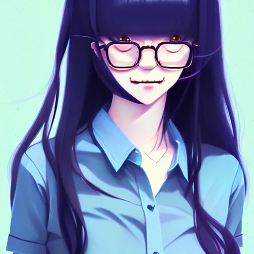 Image similar to urban school girl in shirt fanart, dark blue long hair, muted colors, matte print, pastel colors, ornate, digital art, cute smile, digital painting, fan art, elegant, pixiv, by Ilya Kuvshinov, by Studio Ghibli