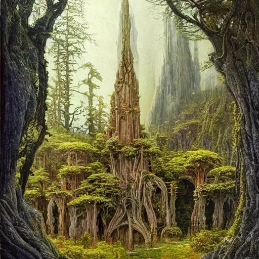 Image similar to a beautiful and highly detailed oil painting of an elven temple deep in the misty mountains, secret valley, tall spires, beautiful trees, ancient runes, intricate details, epic scale, insanely complex, 8 k, sharp focus, hyper realism, fantasy landscape, psychedelic, by caspar friedrich and brian froud,