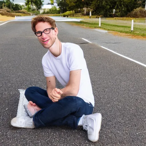 Prompt: a nerdy skinny white guy sitting on a cone, looking at the camera with a smirky face