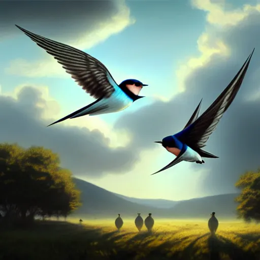 Image similar to closeup flock of swallow birds flying in avila, golondrinas, green fields, oak, spring season, 4 k, morning light, concept art, by wlop, ilya kuvshinov, artgerm, krenz cushart, greg rutkowski, pixiv. cinematic dramatic atmosphere, sharp focus, volumetric lighting, cinematic lighting, studio quality