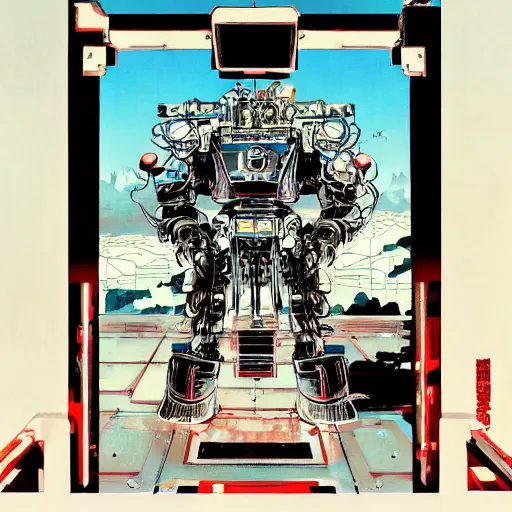 Prompt: a fullmetal wired neon robot crosses the tori gates between reality and simulation, hanafuda oil on canvas by ivan shishkin, james jean and yoji shinkawa