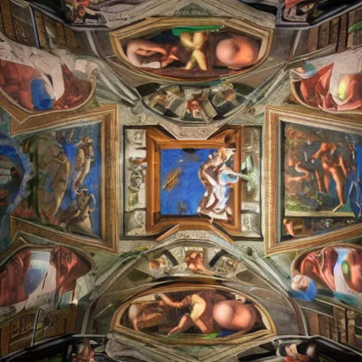 Prompt: a cyberpunk fresco of the creation of the robot world on the sistine chapel's ceiling by a cyber michelangelo, at night, neon lit figures