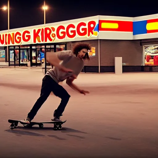 Prompt: kenny g skateboarding in a burger king parking lot, epic, cinematic, realism, ultra detailed, 8 k