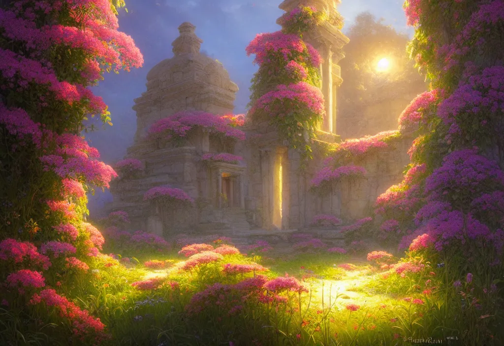 Prompt: wildflowers temple, radiant light, sylvain sarrailh, ferdinand knab