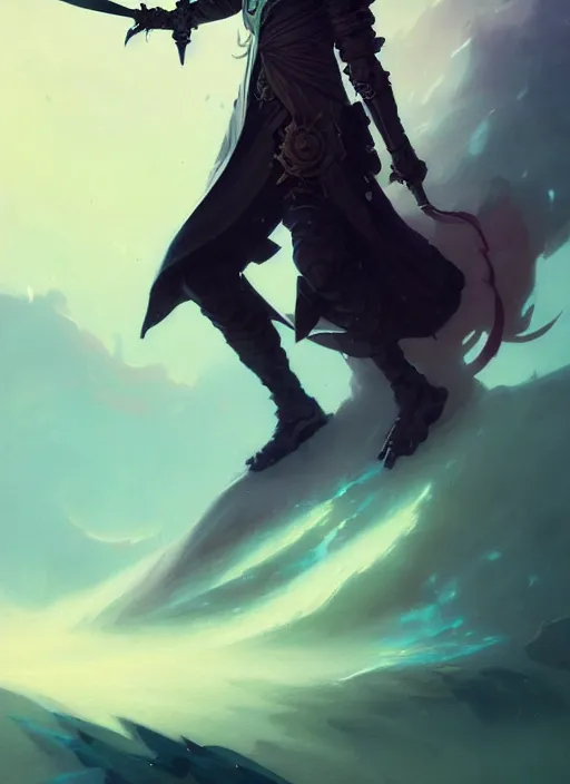 Image similar to full body picture of an legendary blader, holding a ego sword to the camera, long black jacket, intricate, masterpiece, epic fantasy illustrations by peter mohrbacher and anato finnstark and jeremy lipking