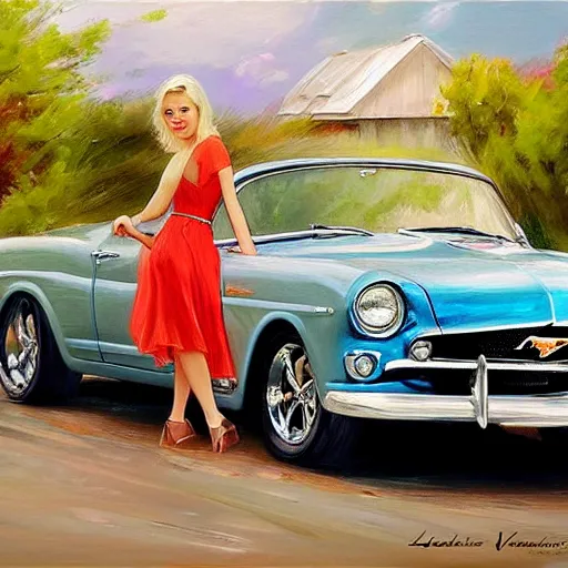 Image similar to blonde driving 1 9 5 0 ford mustang, swedish countryside, freedom, scenic, beautiful, painting by vladimir volegov