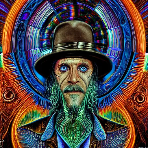 Image similar to steampunk wizard, by alex grey, TOOL band art, psychedelic, fractals, detailed, 8K