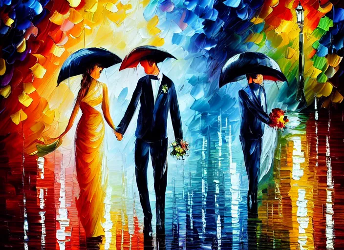 Prompt: A romantic wedding couple with umbrella, groom , bride, painting by Leonid Afremov