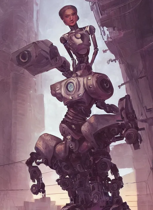 Image similar to An epic fantastic realism graphic novel cover style painting of a beautiful girl, riding on the shoulders, of a robot with four arms, robotics, short pigtails hair, cyberpunk, Concept world Art, ultrarealistic, hyperrealistic, dynamic lighting by Paolo Eleuteri Serpieri