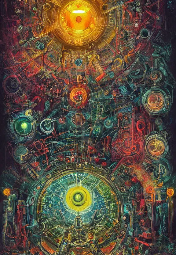 Image similar to colorful medical equipment, cameras, radiating, neon light mandala, portal, minimalist environment, by ryan stegman and hr giger and esao andrews and maria sibylla merian eugene delacroix, gustave dore, thomas moran, the movie the thing, pop art, biopunk, i'm the style of piet mondrian saturated