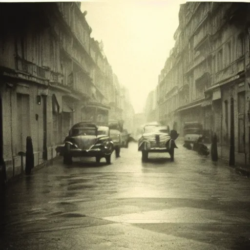 Prompt: 1940s photograph of a Cthulhu monster in a dark Paris street at dawn, highly detailed and spooky, tense dramatic atmosphere, scan of an old photo