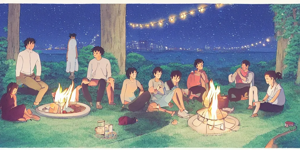 Image similar to people at a cozy party at midnight, bay area, candles, fire pit, hot tub, by studio ghibli