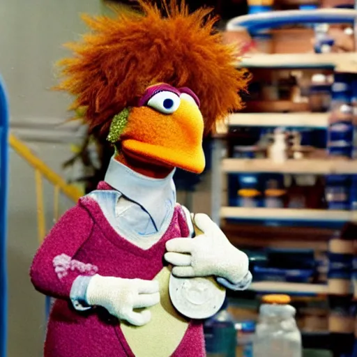 Prompt: beaker from the Muppets in a labor mixing chemicals, chaos in set, slapstick, photo