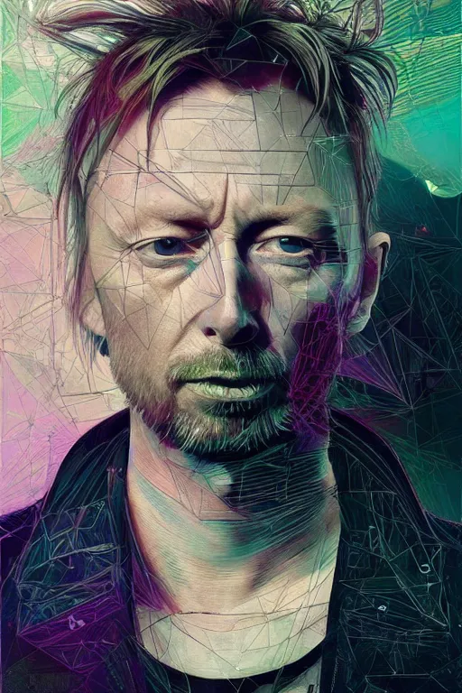 Prompt: A portrait of Thom Yorke as a cyberpunk android, iridescent geometry, surrounded by Mist, highly detailed, intricate, soft, sci-fi, sharp focus, subsurface scattering, art by Caravaggio, Greg rutkowski, Sachin Teng, Thomas Kindkade, Alphonse Mucha, Norman Rockwell, Tom Bagshaw.