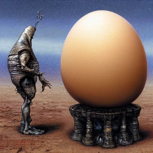 Prompt: egg humpty dumpty front view by by luis royo and wayne barlowe,