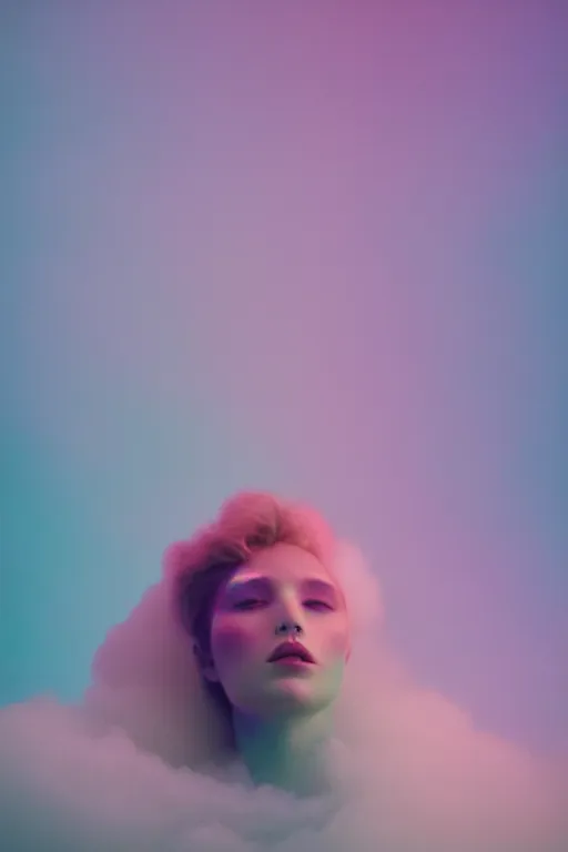 Image similar to high quality pastel coloured film close up wide angle photograph of a model wearing clothing resting on cloud furniture in a icelandic black rock!! environment in a partially haze filled dreamstate world. three point light, rainbow. photographic production. art directed. pastel colours. volumetric clouds. pastel gradient overlay. waves glitch artefacts. extreme facial clarity. 8 k. filmic.