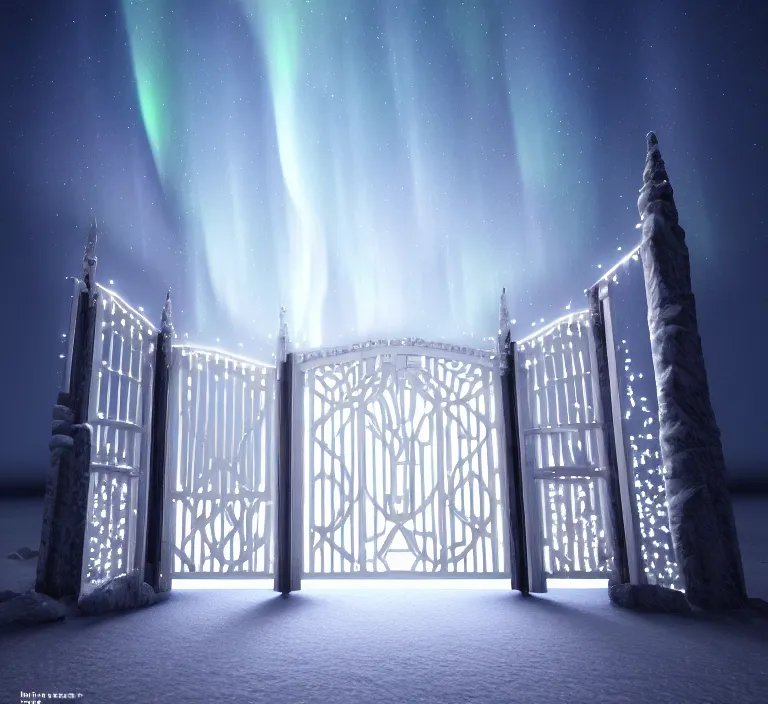 Image similar to a very detailed concept art of intricate and scandinavian white gates to aurora borealis infused with lights, trending on artstation, symmetry, digital art, 4 k, hyper realistic, octane render, sharp focus