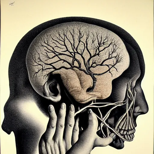 Image similar to surreal head anatomical atlas dissection center cut, lithography on paper conceptual figurative ( post - morden ) monumental dynamic soft shadow portrait drawn by hogarth and escher, inspired by goya, illusion surreal art, highly conceptual figurative art, intricate detailed illustration, controversial poster art, polish poster art, geometrical drawings, no blur