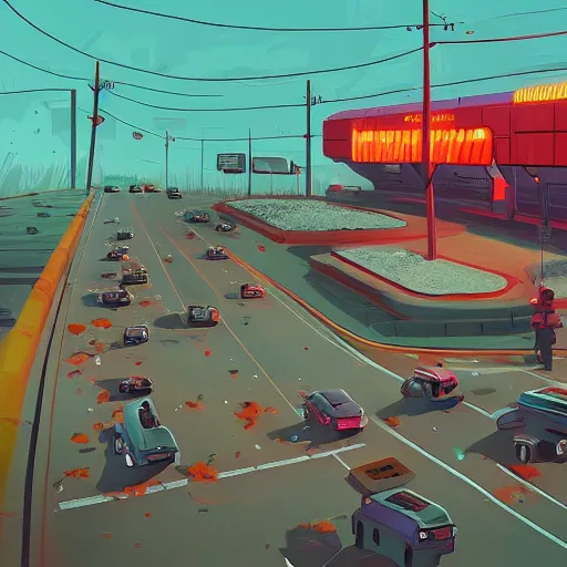 Image similar to car chase in the style of simon stalenhag