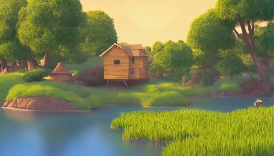 Prompt: a serene landscape with a singular building in the style of Pixar, super realistic, highly detailed, 8k