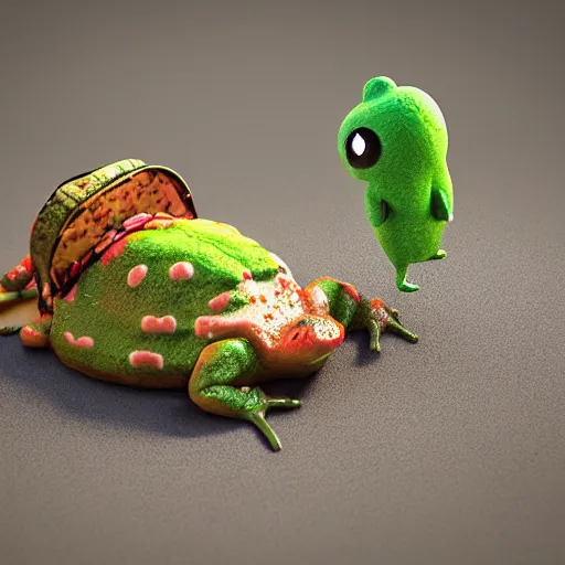 Image similar to a toad carrying a taco backpack, 3D render, octane renderer