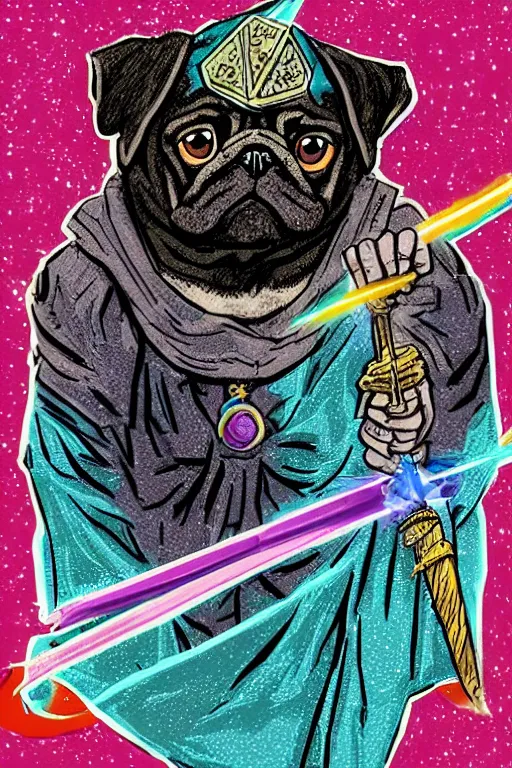 Image similar to Portrait of a pug that is a wizard casting a spell , wizard, medieval, sticker, colorful, casting epic spell, magic the gathering artwork, D&D, fantasy, artstation, heroic pose, illustration, highly detailed, simple, smooth and clean vector curves, no jagged lines, vector art, smooth