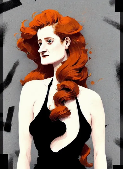 Image similar to highly detailed closeup portrait of beautiful grace gummer as dom dipierro, wavy ginger hair, black dress, by atey ghailan, by greg rutkowski, by greg tocchini, by james gilleard, by joe fenton, by kaethe butcher, gradient orange, black and white color scheme, grunge aesthetic!!! ( ( graffiti tag wall background ) )