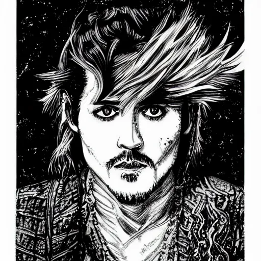 Image similar to black and white pen and ink!!!!!!! Johnny Depp x Ryan Gosling wearing cosmic space robes made of stars final form flowing royal hair golden!!!! Vagabond!!!!!!!! floating magic swordsman!!!! glides through a beautiful!!!!!!! Camellia flower battlefield dramatic esoteric!!!!!! Long hair flowing dancing illustrated in high detail!!!!!!!! by Moebius and Hiroya Oku!!!!!!!!! graphic novel published on 2049 award winning!!!! full body portrait!!!!! action exposition manga panel black and white Shonen Jump issue by David Lynch eraserhead and beautiful line art Hirohiko Araki!! Rossetti, Millais, Mucha, Jojo's Bizzare Adventure