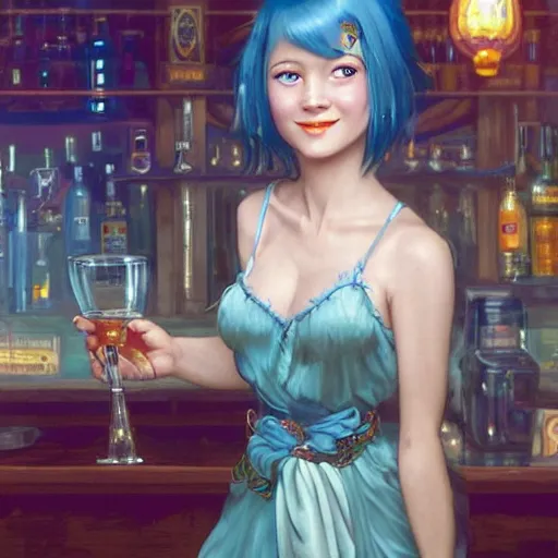 Prompt: a smiling happy beautiful barmaid with short blue hair wearing a red satin dress in a rustic saloon, beautiful sparkling blue eyes, caucasian, fantasy, intricate and very beautiful and elegant, highly detailed, digital painting, artstation, concept art, smooth and sharp focus, illustration, art by tan zi and artgerm and alphonse mucha and peter mohrbacher