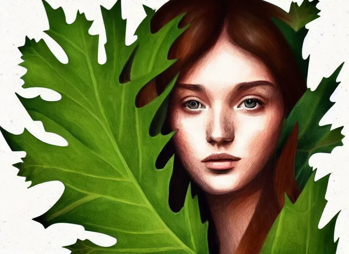 Prompt: landscape, a young woman between the ages of 2 0 - 2 5 years, wearing clothes made of leaves, fine art, modern realism, sharp focus, good lighting, trending on artstation, trending on tiktok, smooth drawing, elegant, authoritative, without anomalies.