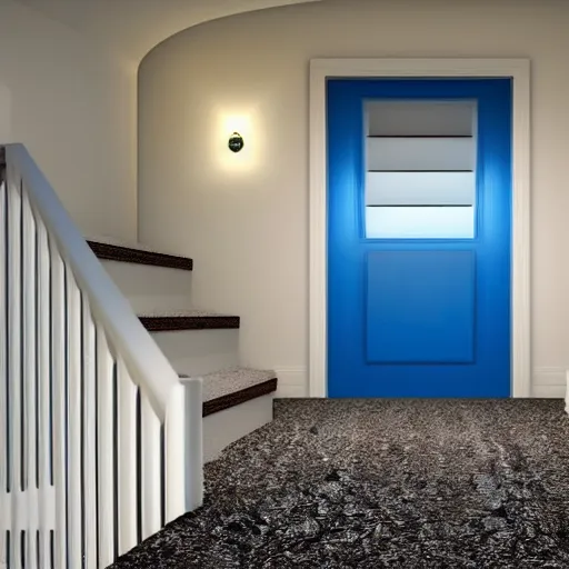 Image similar to dark nostalgic empty house at night with stairs in the middle and doors on either side, one door is closed and the door on the right is open to a blue bathroom, tan carpet