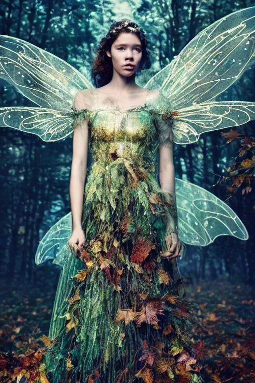 Prompt: masterwork full body photograph of astrid berges frisbey as a fairy. highly detailed sharp focus face. wearing a dress made out of stars. resting on a background of autumn leaves. fluid, dreamy, ethereal, vivid colours. wow! cinematic lighting. trending on artstation. cgsociety. by moebius. 4 0 megapixels.