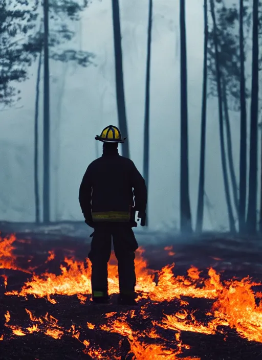 Image similar to a 3 5 mm photo from the back of a firefighter standing in front of a burning forest, bokeh, canon 5 0 mm, cinematic lighting, film, photography, depth of field, award - winning, bokeh