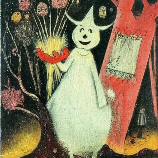 Image similar to by remedios varos, moomin, oil painting, met collection, vintage comics