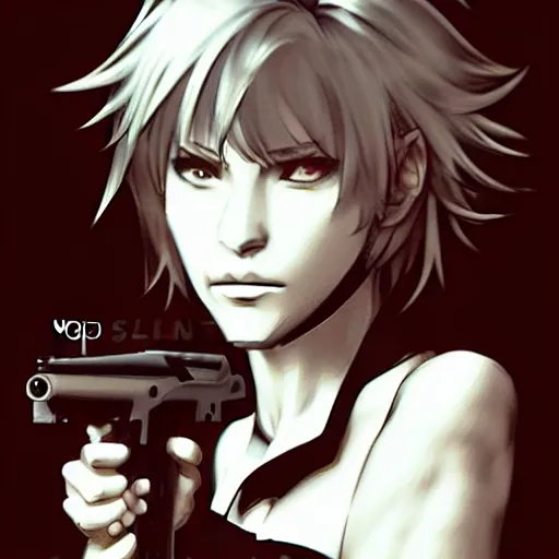 Prompt: girl silver hair, holding a gun, trending on artstation, illustration by Yoji Shinkawa, portrait