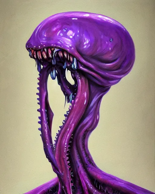 Image similar to Haunting horrifying detailed painting of a tall skinny extraterrestrial squid monster made of gelatinous fluid, floating teeth and purple eyeballs, hyper detailed, trending on Artstation