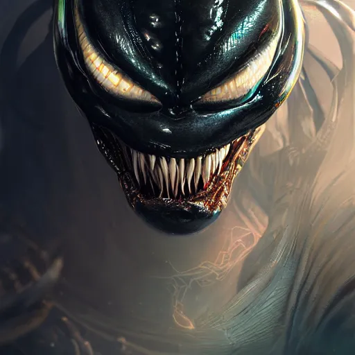 Image similar to portrait of venom, intricate artwork, concept art, octane render, deviantart, cinematic, key art, hyperrealism, iridescent accents, portrait photograph, nikon 3 5 mm, photograph by greg rutkowski