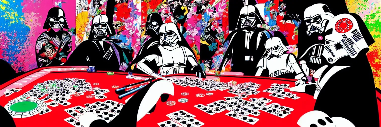 Image similar to hyperrealism composition of the detailed woman in a japanese kimono sitting at an extremely detailed poker table with darth vader and stormtrooper, fireworks on the background, pop - art style, jacky tsai style, andy warhol style, acrylic on canvas