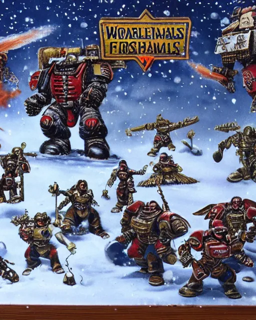 Image similar to postcard showing 'realistic warhammer space marines frollicking in the snow at christmas' laying on coffee table, zoomed out, HD, iphone capture