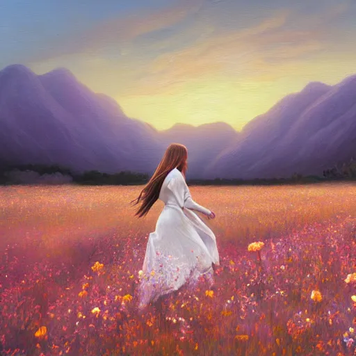 Image similar to oil painting portrait of a family one with long flowing hair in a white dress, dancing through a field of flowers at sunset with mountains in the background, hazy, chiaroscuro, artstation, cinematic, golden hour, digital art painting by diego velasquez and michelangelo hazy atmosphere, flowers, cinematic lighting