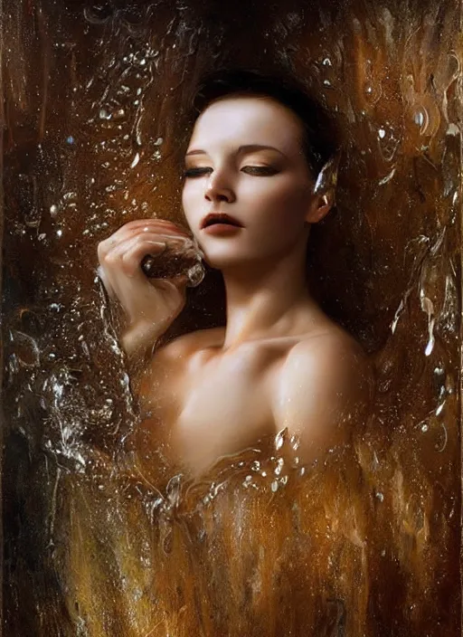 Prompt: a beautiful portrait of a woman submerged in milk only face visible, bathtub, award winning photography, karol bak, rutkowski