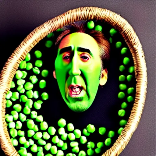 Image similar to nicolas cage with peas on his face, screaming in a wicker basket